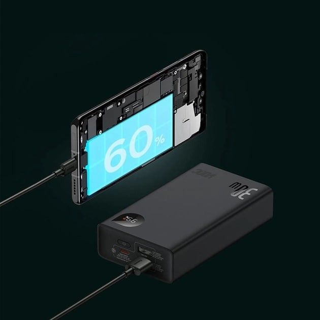 Baseus 20000 mAh 30W 5A Adaman2 Digital Display з технологією QC3.0+PD3.0 2USB+Type-C + Кабель USB to Type-C (PPAD050001) Black