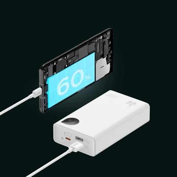 Baseus 20000 mAh 30W 5A Adaman2 Digital Display з технологією QC3.0+PD3.0 2USB+Type-C + Кабель USB to Type-C (PPAD050002) White