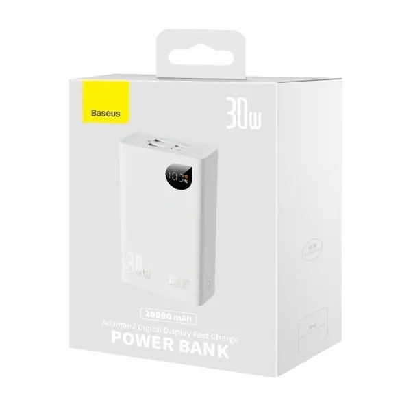 Baseus 20000 mAh 30W 5A Adaman2 Digital Display з технологією QC3.0+PD3.0 2USB+Type-C + Кабель USB to Type-C (PPAD050002) White