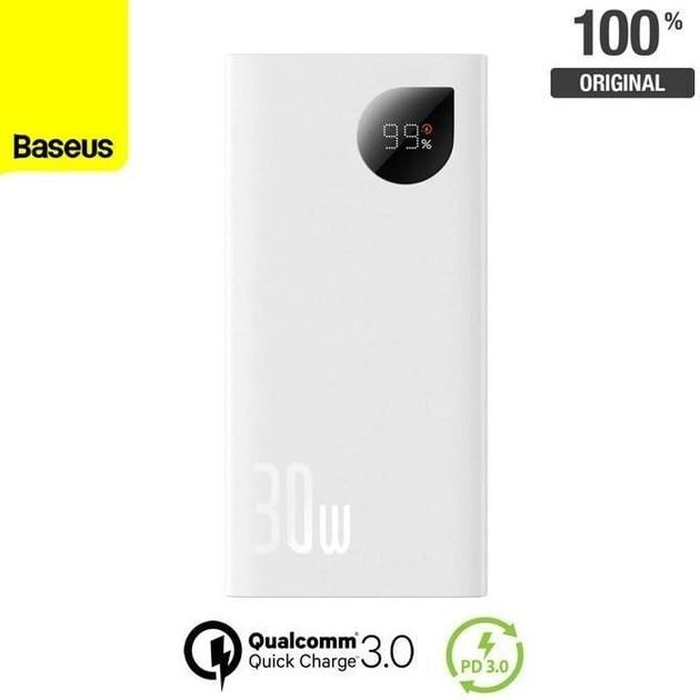 Baseus 10000 mAh 30W 5A Adaman2 Digital Display з технологією QC3.0+PD3.0 2USB+Type-C + Кабель USB to Type-C (PPAD040002) White