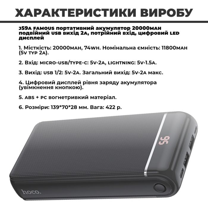 Hoco J59A microUSB/Type-C 20000 mAh (33341)