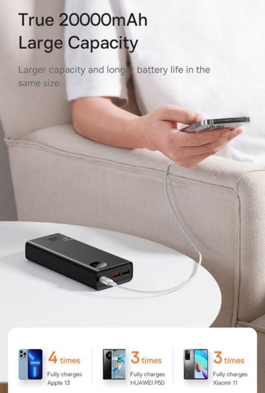 Baseus  PPADМ3 з цифровим дисплеєм 20000 mAh, 2USB, 5V/3A, 30W, Micro-USB, Type-C, швидка зарядка