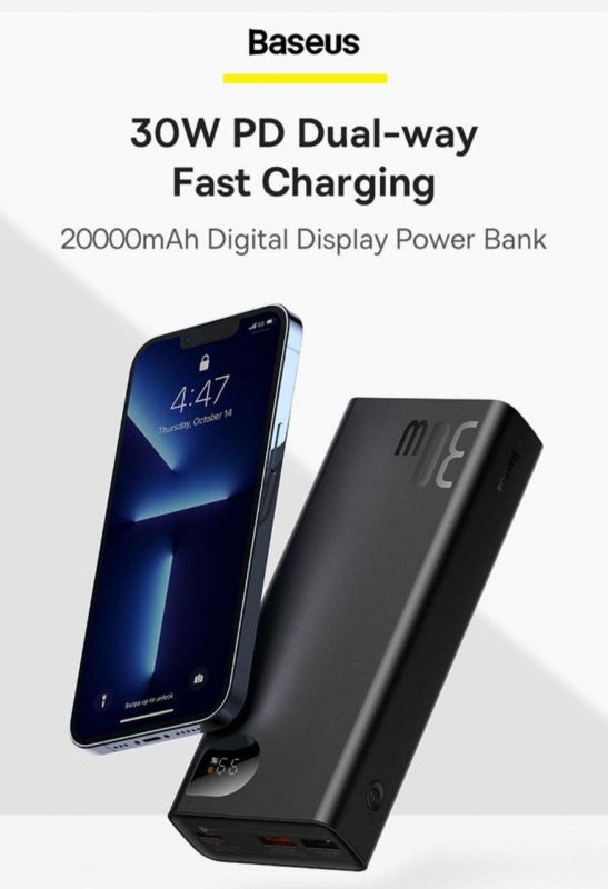 Baseus  PPADМ3 з цифровим дисплеєм 20000 mAh, 2USB, 5V/3A, 30W, Micro-USB, Type-C, швидка зарядка