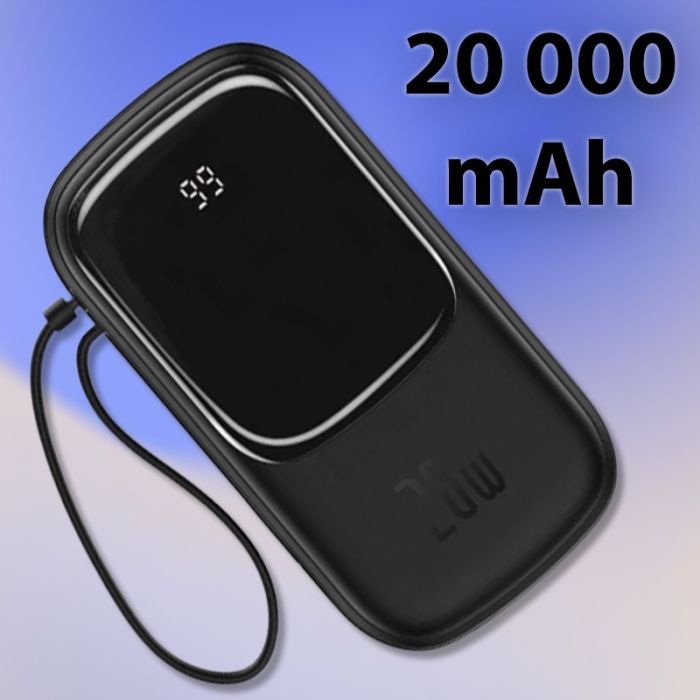 Baseus 20 000 mAh павер бенк для телефону з швидкою зарядкою з вбудованим кабелем, 20W
