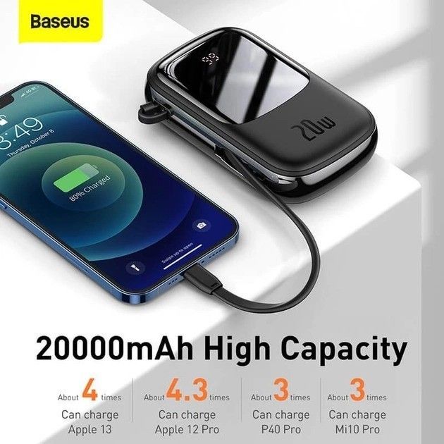 Baseus 20 000 mAh павер бенк для телефону з швидкою зарядкою з вбудованим кабелем, 20W