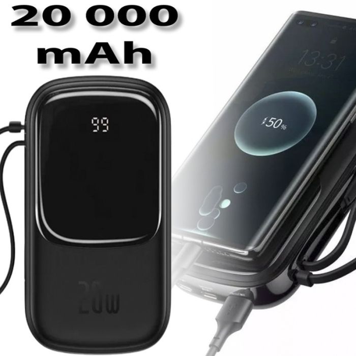 Baseus 20 000 mAh павер бенк для телефону з швидкою зарядкою з вбудованим кабелем, 20W