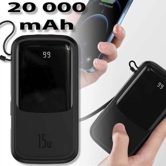 Baseus 20 000 mAh павер бенк для телефону з вбудованим кабелем, 15W