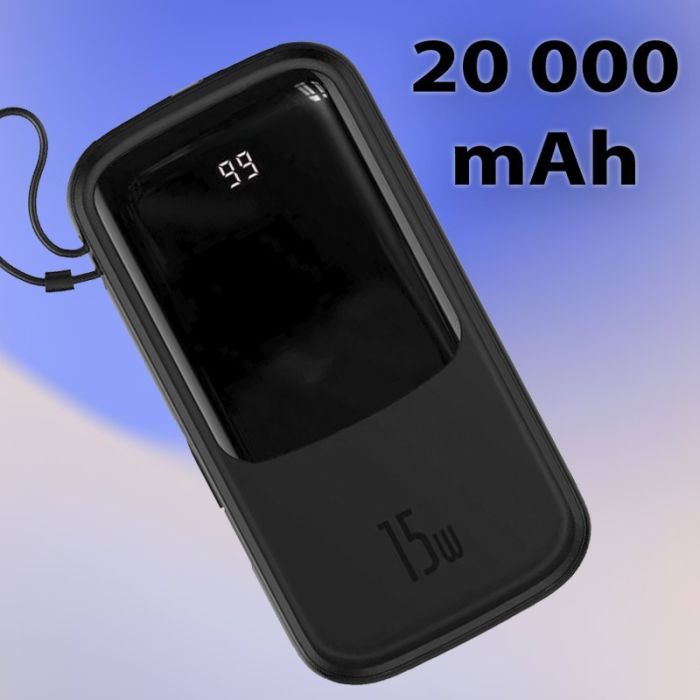 Baseus 20 000 mAh павер бенк для телефону з вбудованим кабелем, 15W