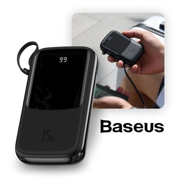 Baseus 20 000 mAh павер бенк для телефону з вбудованим кабелем, 15W