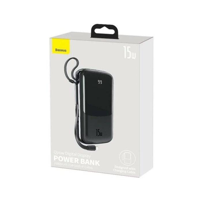 Baseus 20 000 mAh павер бенк для телефону з вбудованим кабелем, 15W