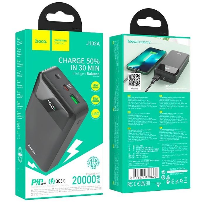 Hoco Cool figure powerbank J102A 20000 mAh | 2USB/Type-C, 20W/3A Black