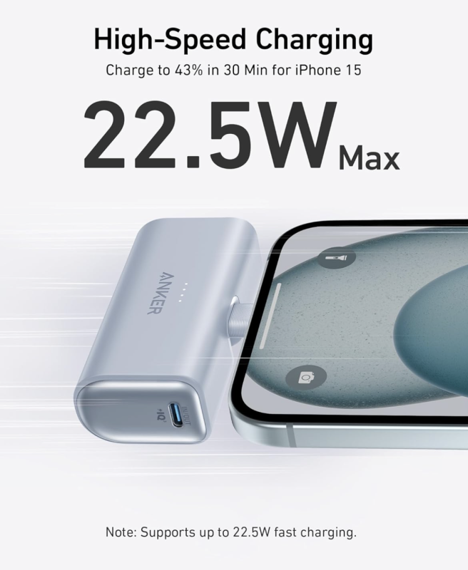 Anker Nano із вбудованим складаним роз’ємом USB C 22.5W 5000 mAh для iPhone 15/15 Pro/15 Pro Max (A12310) Ice Lake Blue