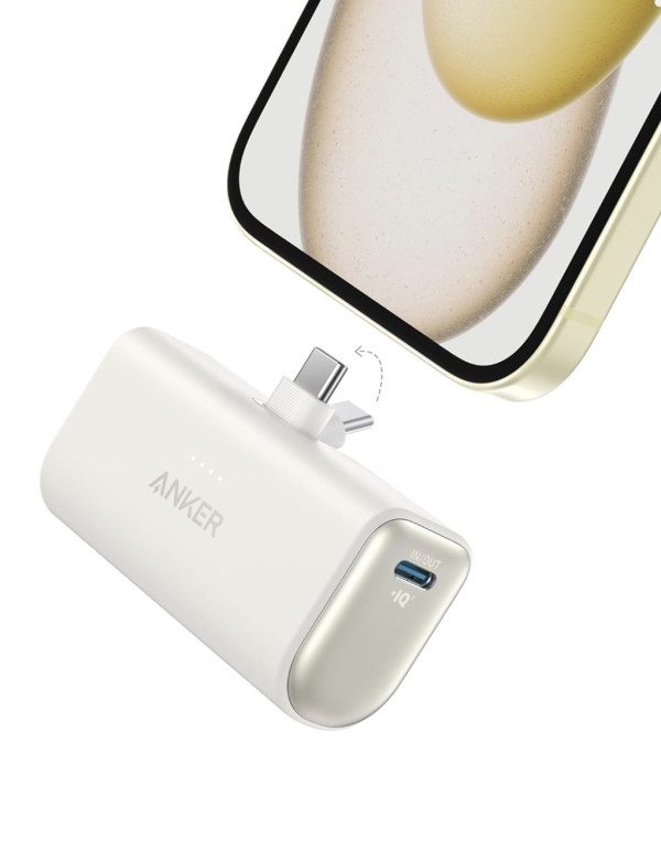 Універсальна батарея Anker Nano Power Bank із вбудованим складаним роз’ємом USB C 22.5W 5000 mAh для iPhone 15/15 Pro/15 Pro Max (A12310) Shell White
