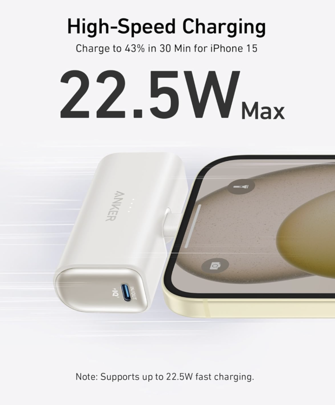 Anker Nano із вбудованим складаним роз’ємом USB C 22.5W 5000 mAh для iPhone 15/15 Pro/15 Pro Max (A12310) Shell White