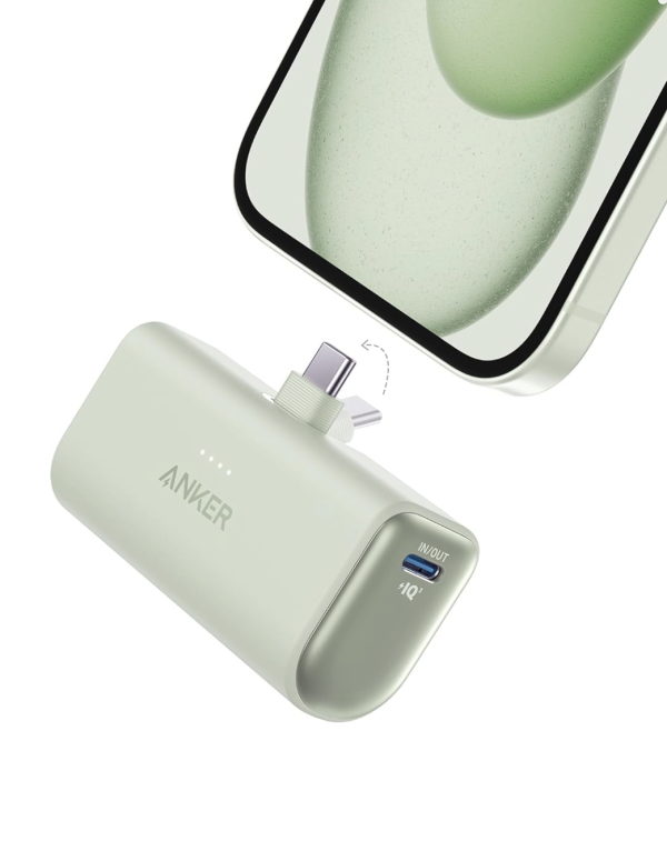 Універсальна батарея Anker Nano Power Bank із вбудованим складаним роз’ємом USB C 22.5W 5000 mAh для iPhone 15/15 Pro/15 Pro Max (A12310) Sprout Green