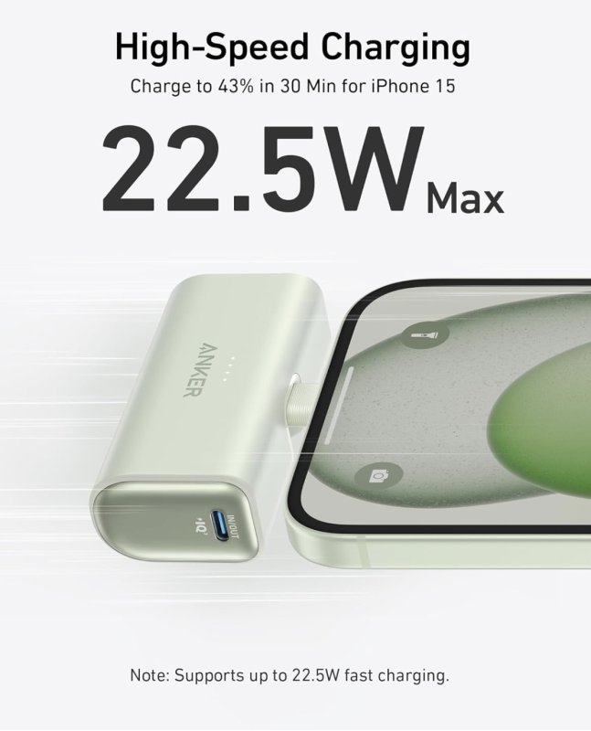 Anker Nano із вбудованим складаним роз’ємом USB C 22.5W 5000 mAh для iPhone 15/15 Pro/15 Pro Max (A12310) Sprout Green