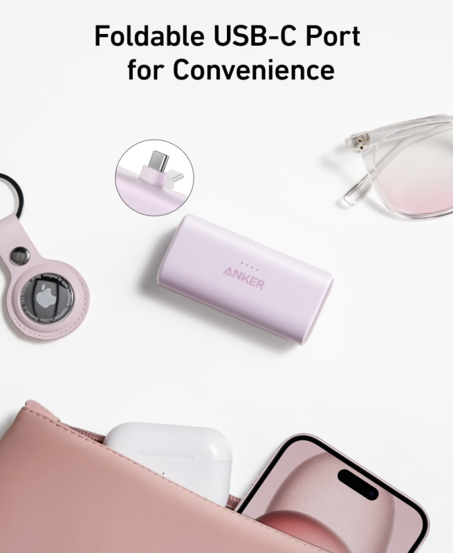 Anker Nano із вбудованим складаним роз’ємом USB C 22.5W 5000 mAh для iPhone 15/15 Pro/15 Pro Max (A12310) Pink