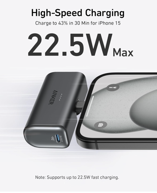 Anker Nano із вбудованим складаним роз’ємом USB C 22.5W 5000 mAh для iPhone 15/15 Pro/15 Pro Max (A12310) Black Stone