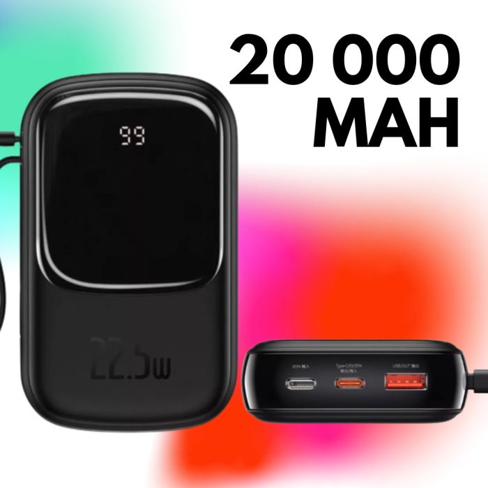 Baseus 20 000 mAh павер бенк для телефону з вбудованим кабелем зі швидкою зарядкою, 22,5W