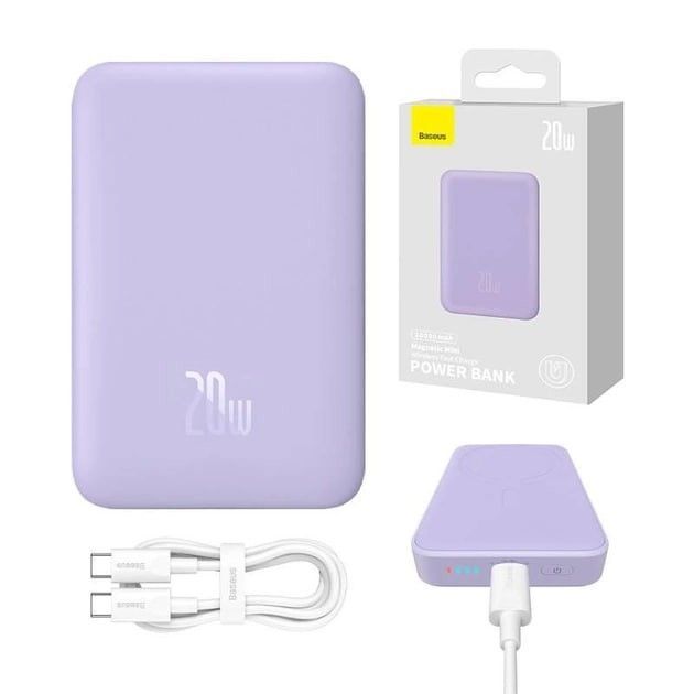 Qi 15W Baseus Magnetic Mini Wireless Fast Charge 2in1 10000 mAh 20W 2.4A QC3.0+PD3.0 (PPCX110105) Пурпуровий