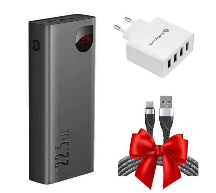 Baseus  PPADМ3" 20000 mAh, 22,5W, мережний "everActive SC-400" потужністю 25W та дата-кабель зарядки USB - Type-C "everActive CBB-1CG" у ПОДАРУНОК!