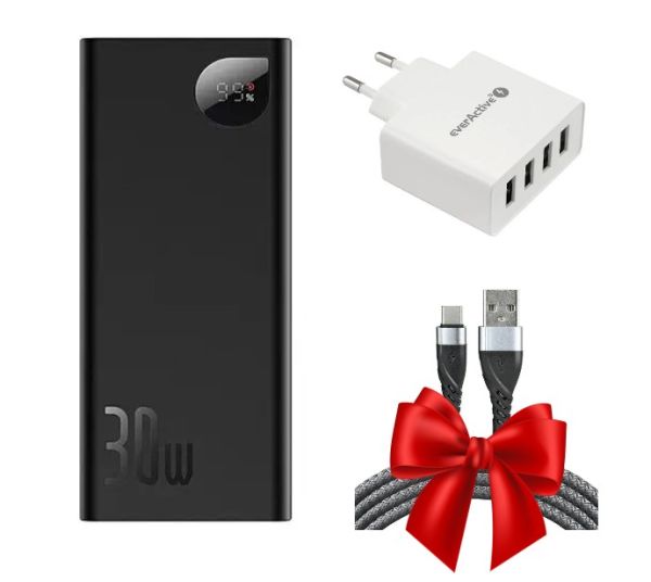 Набір: Павербанк з цифровим дисплеєм "Powerbank Baseus PPADM" 20000 mAh, 30W, мережний зарядний пристрій "everActive SC-400" потужністю 25W і дата-кабель зарядки USB - Type-C "everActive CBB-1CG" у ПОДАРУНОК!