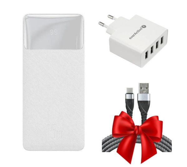 Набір: Павербанк з цифровим дисплеєм "Powerbank Baseus Bipow PPDML" 30000 mAh, мережний зарядний пристрій "everActive SC-400" потужністю 25W та дата-кабель зарядки USB - Type-C "everActive CBB-1CG" у ПОДАРУНОК!
