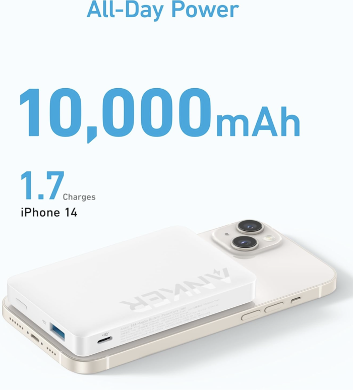 Anker 334 Magnetic Magsafe Powerbank, 10 000 mAh iPhone 15/15 Pro/15 Pro Max, iPhone 14/ 13/12 Series - White (A1810)