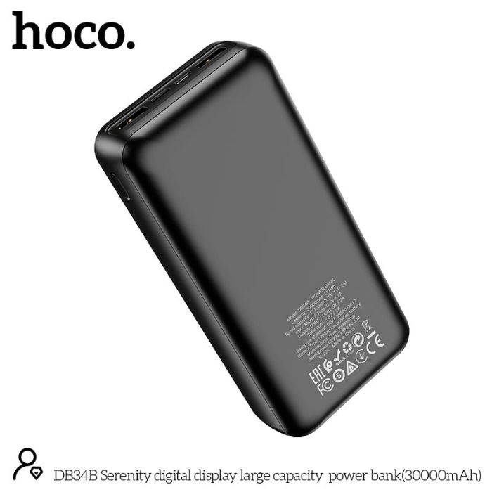 Hoco Serenity digital display великий capacity DB34B 30000 mAh | 2USB/Type-C, 2A | чорна