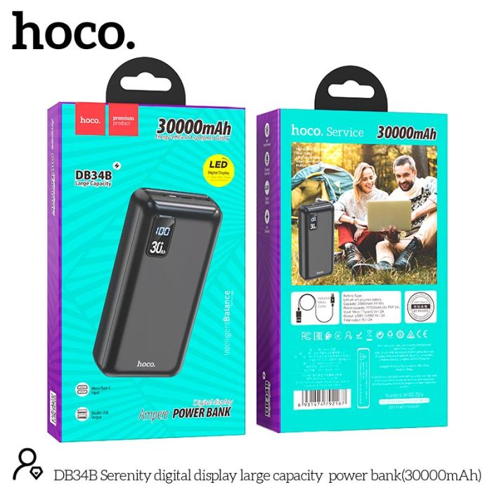 Hoco Serenity digital display великий capacity DB34B 30000 mAh | 2USB/Type-C, 2A | чорна