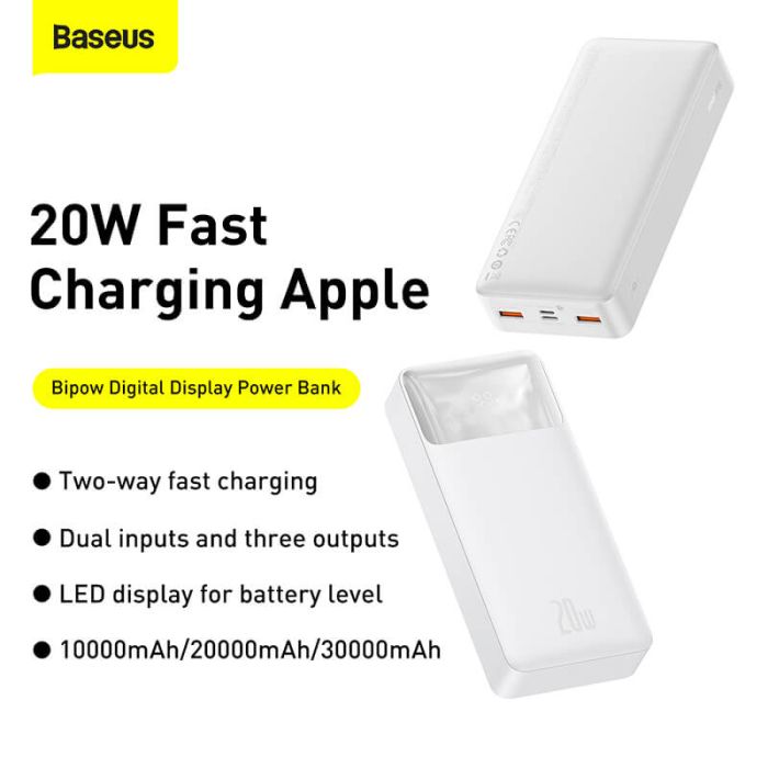Baseus 2USB/1Type-C, PD/QC, 20W, 3A| (PPDML-M02) біла
