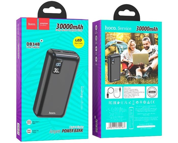 Hoco Serenity DB34B 30000 mAh 2USB, Type-C, 2A, чорний