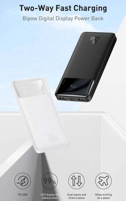 Baseus Bipow Overseas 20W зі швидкою зарядкою 2USB/1Type 30000 Білий