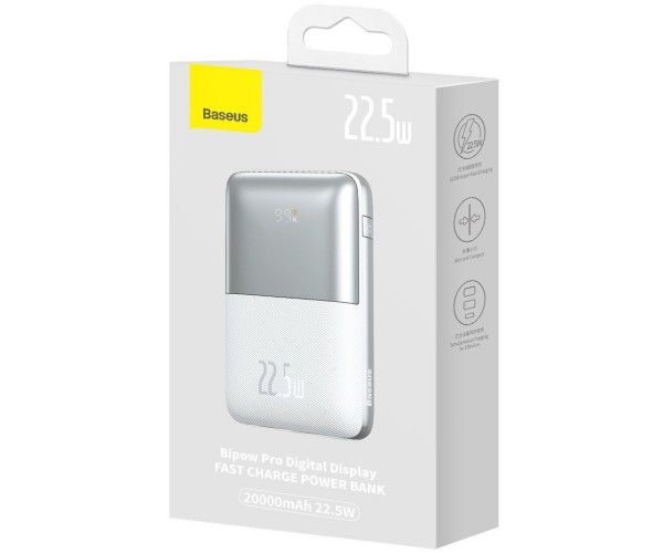 Baseus Bipow Pro 20000 mAh 22.5W, 2хUSB-A QC3.0, In USB-C Li-pol, Display + Cable, white