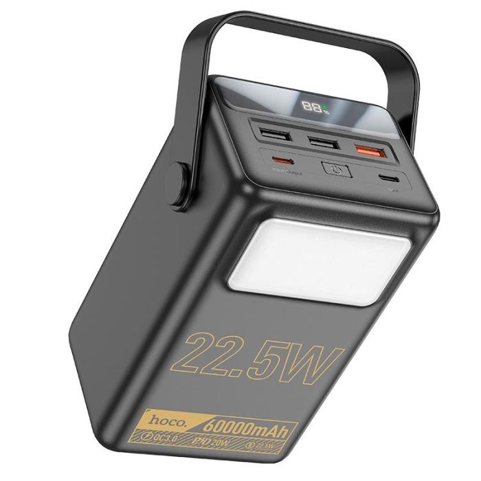 Hoco J100 60000 mAh 3USB/2Type-C, PD/QC, 22.5W чорний з ліхтариком