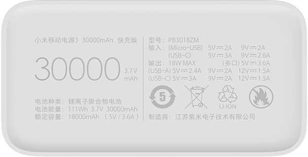 Xiaomi Mi 3 30000 mAh USB-C 18W Fast Charge PB3018ZM White (VXN4307CN)