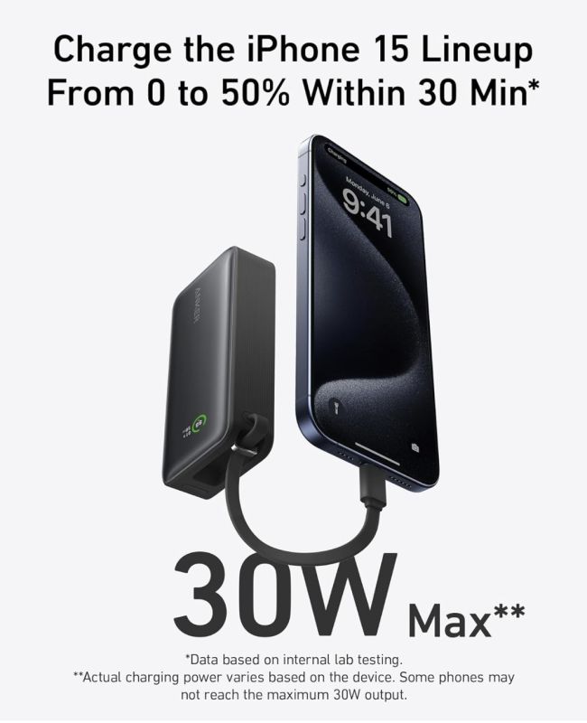 Anker Nano 10,000 mAh USB-C Cable PD 30W Max for iPhone 15/15 Plus/15 Pro/15 Pro Max (A1259)
