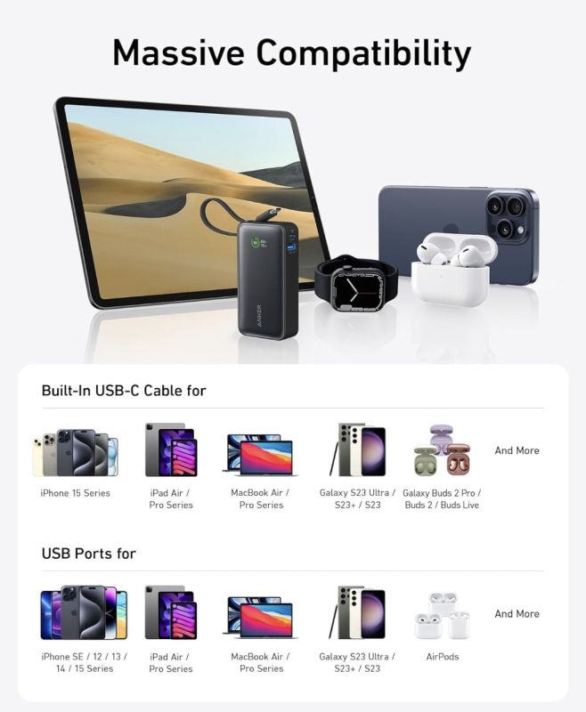 Anker Nano 10,000 mAh USB-C Cable PD 30W Max for iPhone 15/15 Plus/15 Pro/15 Pro Max (A1259)