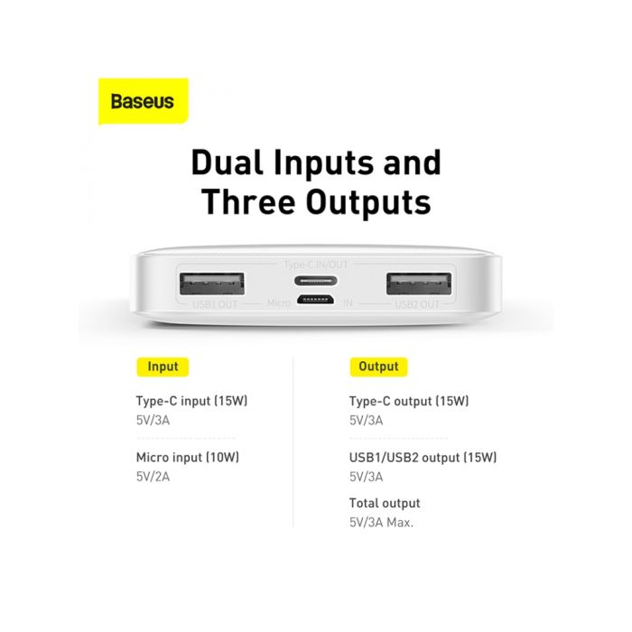 Baseus Bipow 10000 mAh, PD/15W, USB-C/3A, 2*USB-A/3A(max.), white (PPDML-I02)