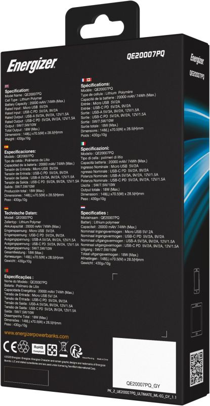 Energizer QE2007PQ Qi Wireless Type-C PD 20000 mAh Silver (QE2007PQ/GY)