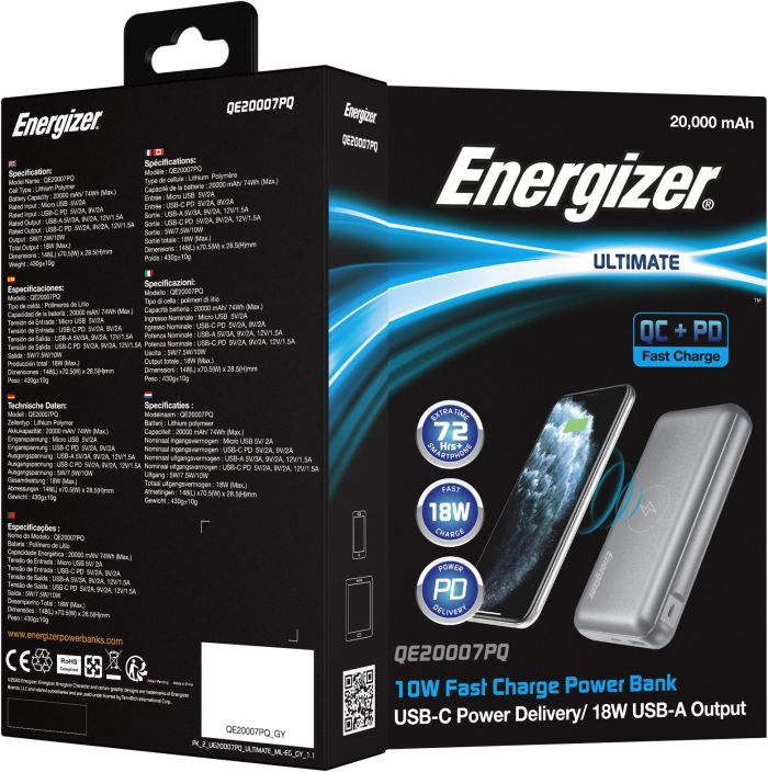 Energizer QE2007PQ Qi Wireless Type-C PD 20000 mAh Silver (QE2007PQ/GY)