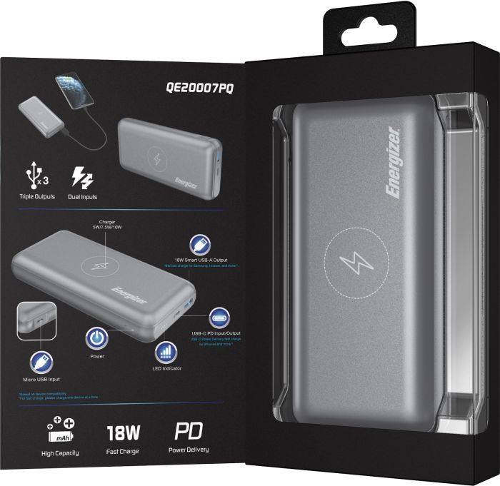 Energizer QE2007PQ Qi Wireless Type-C PD 20000 mAh Silver (QE2007PQ/GY)