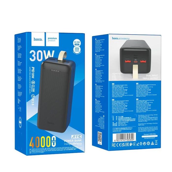 Hoco Smart charge J111C (40000 mAh) | 2USB / Type-C, PD / QC, 30W / 3A | Black