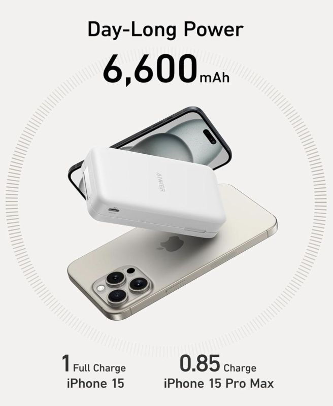Anker MagGo 6600mAh, ультрашвидка 15 Вт для iPhone 15/15 Pro/15 Pro Max, 14/ 13/12 Series - White