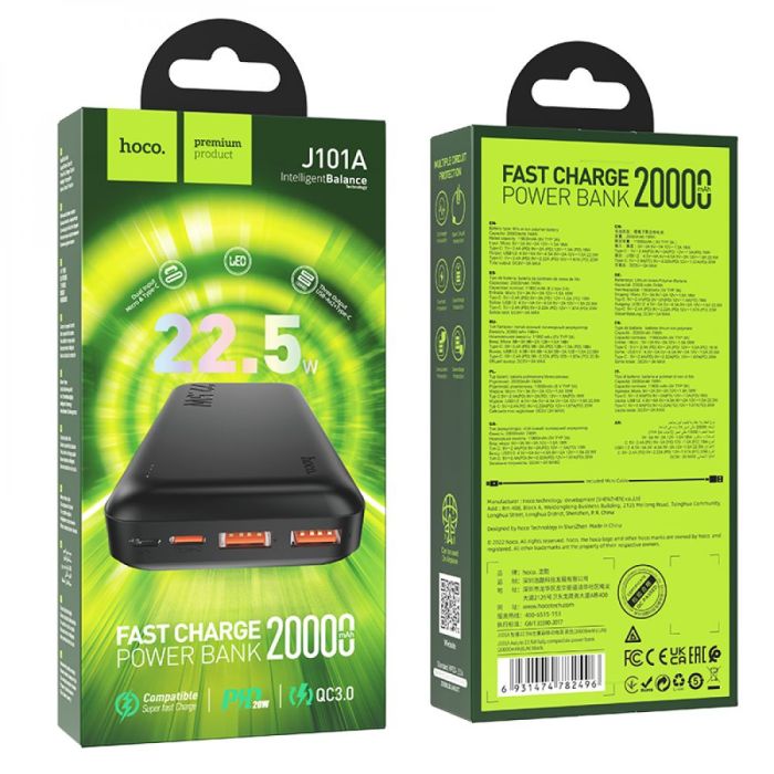 Hoco J101A Astute 22.5W 20000 mAh підтримує технології QC, FCP та AFC, USB Type C/MicroUSB Black