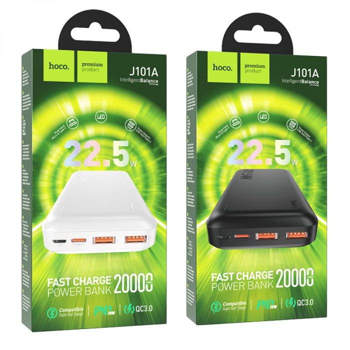 Hoco J101A Astute 22.5W 20000 mAh підтримує технології QC, FCP та AFC, USB Type C/MicroUSB White