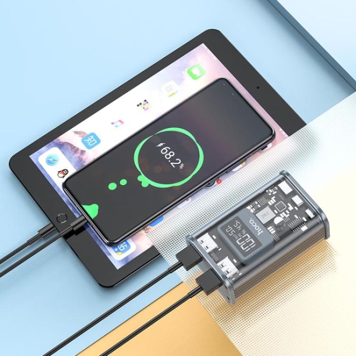 Hoco J105 (10000 mAh, PD 22.5W з Led дисплеєм, Type-C/Micro/Lightning, прозорий, зі швидкою зарядкою) - Сірий