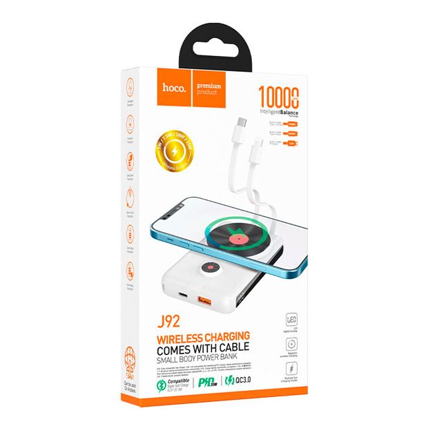 Hoco J92 Path 10000 mAh 22.5W/PD20W/QC3.0/MagSafe бездротова зарядка + вбудований кабель Type-C/Lightning 2.4А Білий