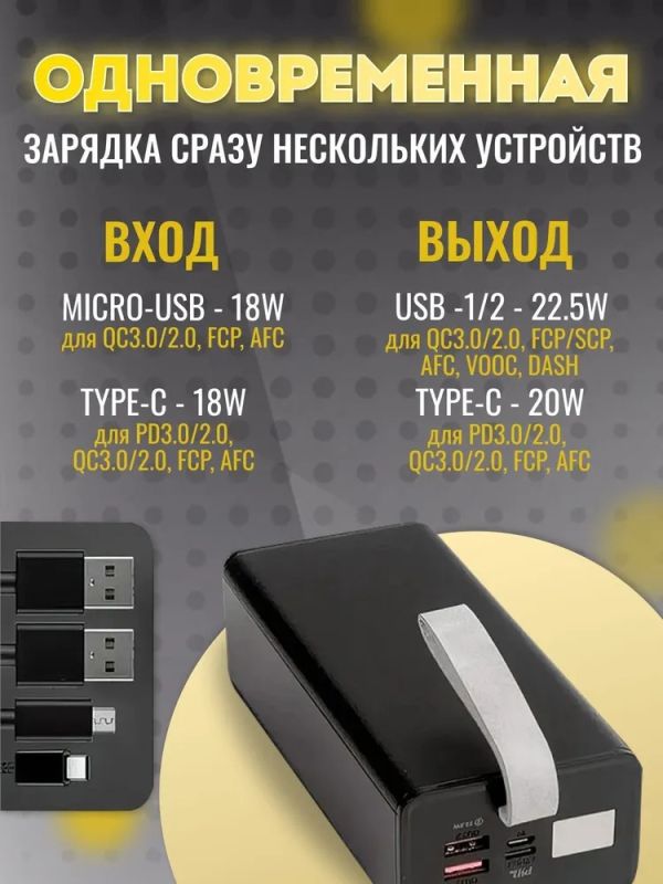 Hoco 40000 mAh потужний 2 USB, USB-C, Micro-USB/Type-C, із ліхтарем, швидка зарядка Quick Charge Чорний