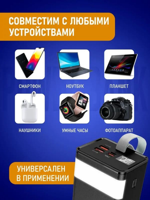 Hoco 40000 mAh потужний 2 USB, USB-C, Micro-USB/Type-C, із ліхтарем, швидка зарядка Quick Charge Чорний